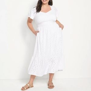 White Short Sleeve Sweetheart Neck Small Eyelet Dress Plus Sz 14